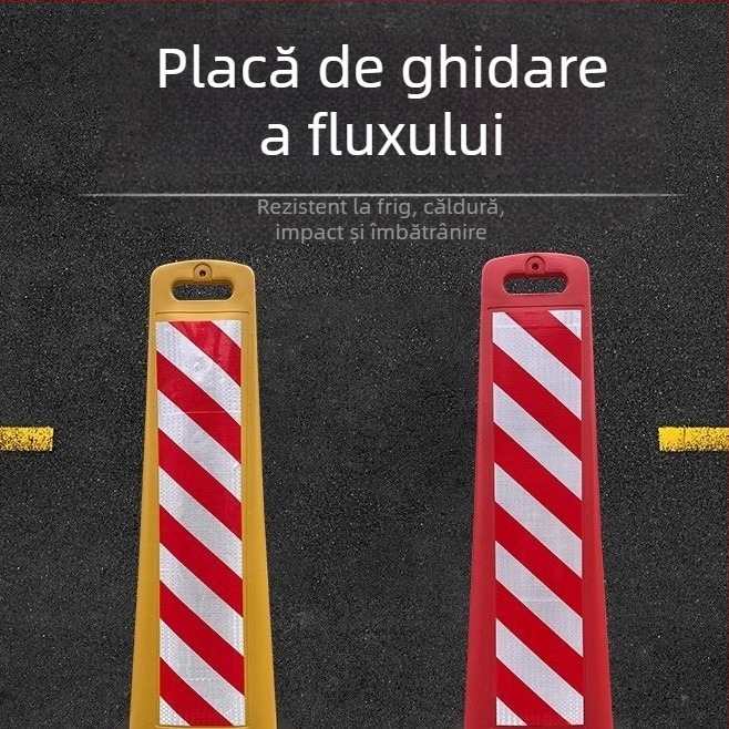 Coloană de avertizare rutieră cu placă reflectorizantă pentru autostrăzi și lucrări pe drum – semn de deviere a benzii