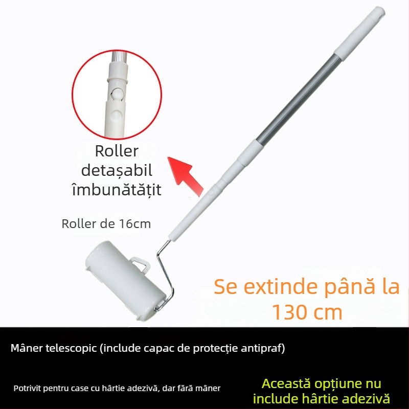Rulou pentru păr lipicios cu nucleu de hârtie adezivă înlocuibil, 90 foi, rolă mare, mâner telescopic detașabil, diametru rolei 16–24 cm