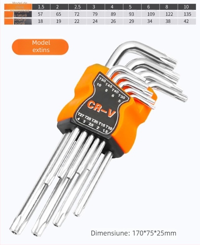 Set de 9 chei Allen hexagonale, finis mat, cu capete sferice și plate, din oțel 45#.