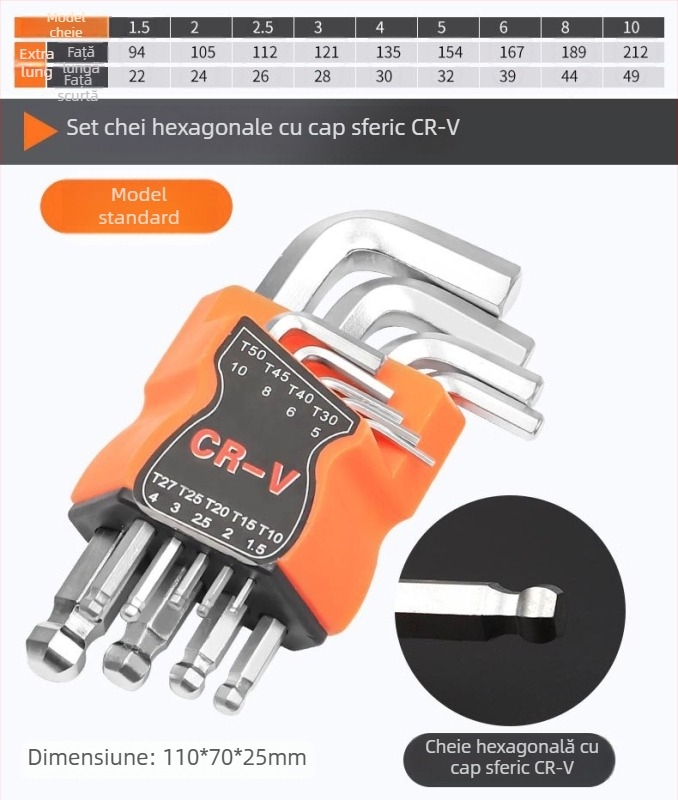Set de 9 chei Allen hexagonale, finis mat, cu capete sferice și plate, din oțel 45#.