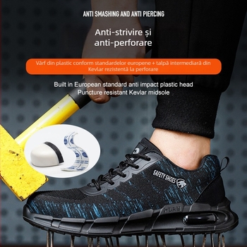 Pantofi de protecție cu profil redus, anti-statice, cu partea superioară tricot respirabil, rezistenți la ulei și la substanțe acide/slabe, fără metal, pentru trecerea prin porți de securitate.