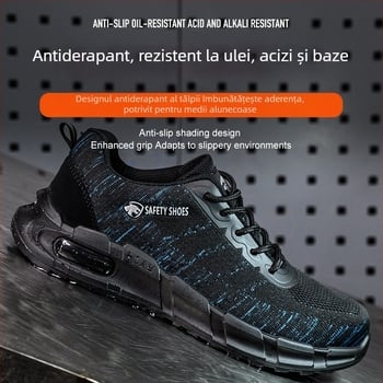 Pantofi de protecție cu profil redus, anti-statice, cu partea superioară tricot respirabil, rezistenți la ulei și la substanțe acide/slabe, fără metal, pentru trecerea prin porți de securitate.