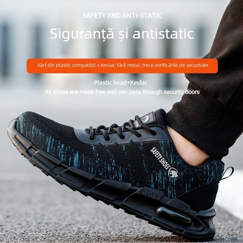 Pantofi de protecție cu profil redus, anti-statice, cu partea superioară tricot respirabil, rezistenți la ulei și la substanțe acide/slabe, fără metal, pentru trecerea prin porți de securitate.
