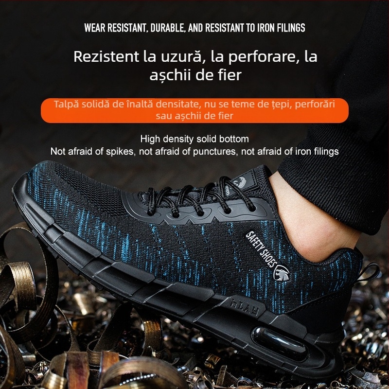 Pantofi de protecție cu profil redus, anti-statice, cu partea superioară tricot respirabil, rezistenți la ulei și la substanțe acide/slabe, fără metal, pentru trecerea prin porți de securitate.
