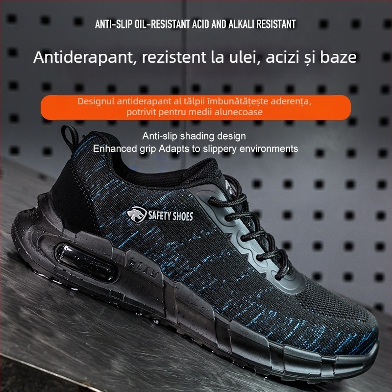 Pantofi de protecție cu profil redus, anti-statice, cu partea superioară tricot respirabil, rezistenți la ulei și la substanțe acide/slabe, fără metal, pentru trecerea prin porți de securitate.