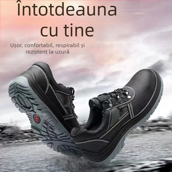 Pantofi de muncă anti-statici din piele neagră, cu vârf din oțel, rezistenți la uzură, impact și perforare, ușori și comozi.