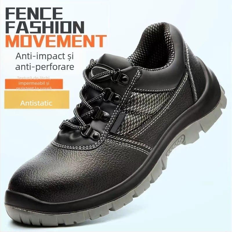 Pantofi de muncă anti-statici din piele neagră, cu vârf din oțel, rezistenți la uzură, impact și perforare, ușori și comozi.