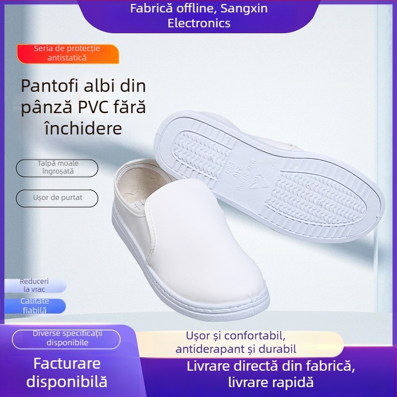 Pantofi de lucru din PVC alb, din pânză, antistatice, pentru spații fără praf, cu talpă întărită