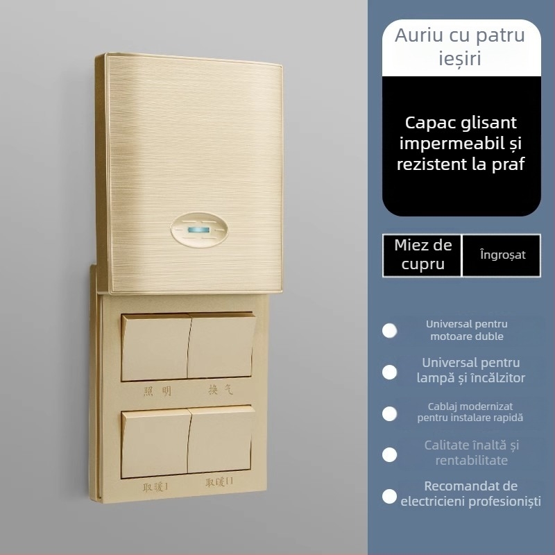 Intrerupător încălzire baie tip 86, cu capac glisant, impermeabil, panou cu patru întrerupătoare pentru baie