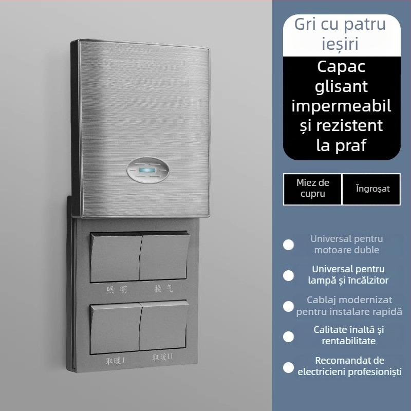 Intrerupător încălzire baie tip 86, cu capac glisant, impermeabil, panou cu patru întrerupătoare pentru baie