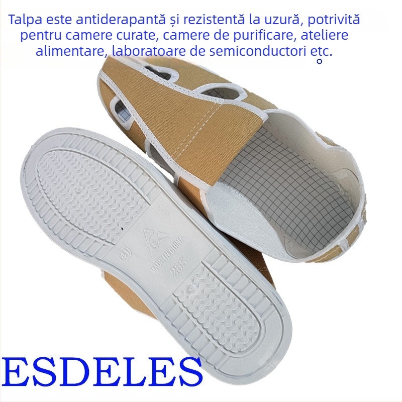 Pantofi antistatice din PVC, culoare kaki, pentru spații curate și industrie alimentară, cu partea superioară din pânză, talpă joasă, cu patru orificii pentru șireturi