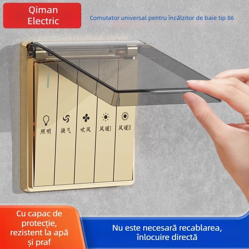 Comutator baie tip 86, plăcuță de perete impermeabilă cu cinci prize, într-una încălzire cu aer pentru baie, plăcuță cu patru găuri