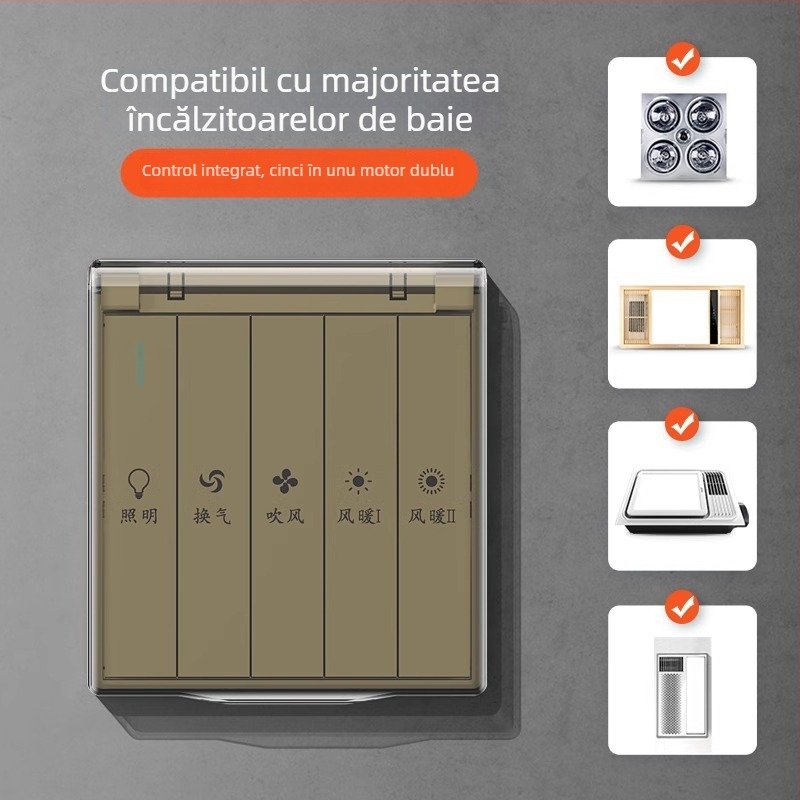 Comutator baie tip 86, plăcuță de perete impermeabilă cu cinci prize, într-una încălzire cu aer pentru baie, plăcuță cu patru găuri
