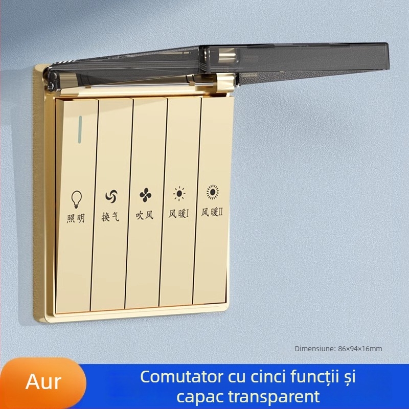 Comutator baie tip 86, plăcuță de perete impermeabilă cu cinci prize, într-una încălzire cu aer pentru baie, plăcuță cu patru găuri