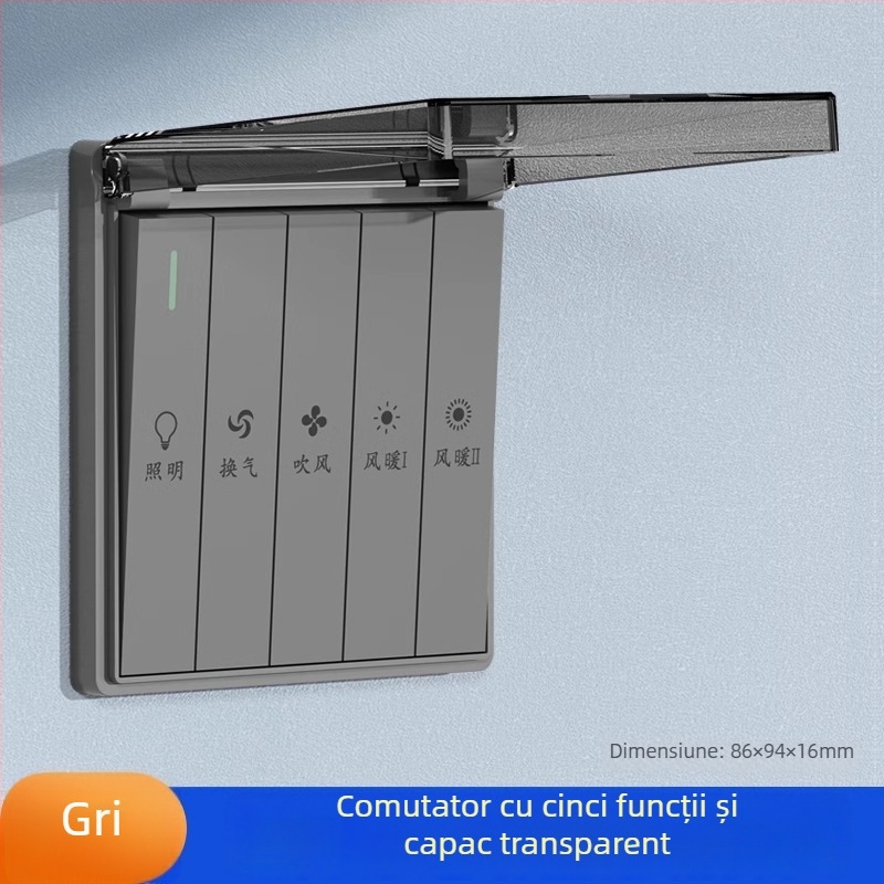 Comutator baie tip 86, plăcuță de perete impermeabilă cu cinci prize, într-una încălzire cu aer pentru baie, plăcuță cu patru găuri