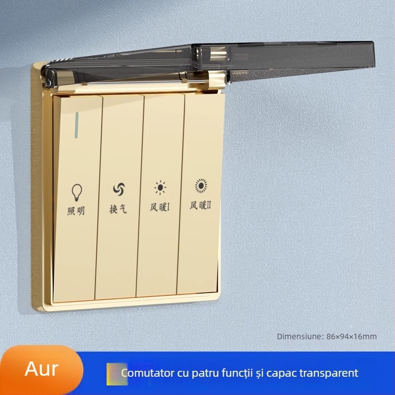 Comutator baie tip 86, plăcuță de perete impermeabilă cu cinci prize, într-una încălzire cu aer pentru baie, plăcuță cu patru găuri