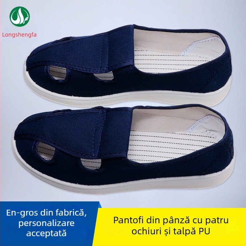 Pantofi antistatice din canvas cu 4 orificii, PU, alb/bleumarin, talpă respirabilă, cu profil redus, pentru fabrici electronice