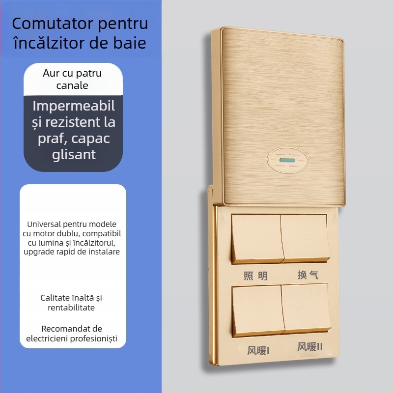 Comutator de perete tip 86 pentru încălzitorul de baie, capac glisant, cutie universală 86, patru module.