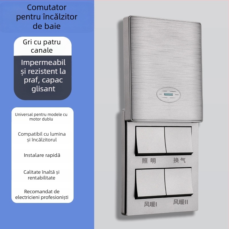 Comutator de perete tip 86 pentru încălzitorul de baie, capac glisant, cutie universală 86, patru module.