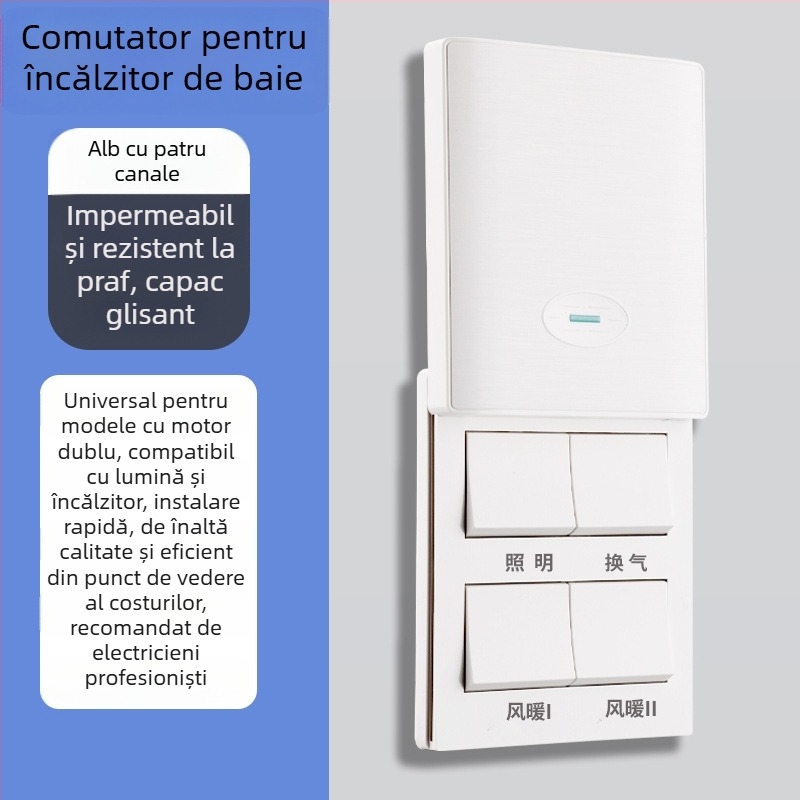 Comutator de perete tip 86 pentru încălzitorul de baie, capac glisant, cutie universală 86, patru module.