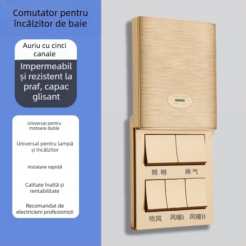 Comutator de perete tip 86 pentru încălzitorul de baie, capac glisant, cutie universală 86, patru module.