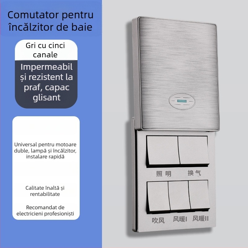 Comutator de perete tip 86 pentru încălzitorul de baie, capac glisant, cutie universală 86, patru module.