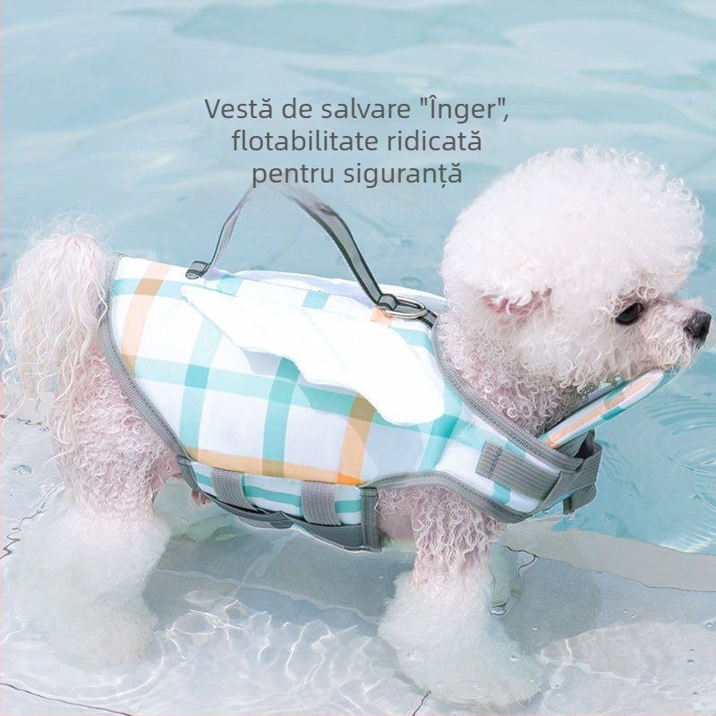 Vesta de salvare pentru câine, cu blocuri colorate, din material Oxford, impermeabilă și uscare rapidă; costum de baie pentru câine
