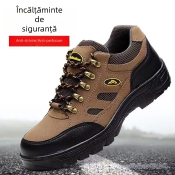 Pantofi de siguranță pentru drumeții, cu vârf din oțel și placă de oțel, talpă din cauciuc antiaderentă, cu suprafață din microfibră, maro, ușori
