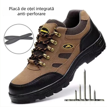 Pantofi de siguranță pentru drumeții, cu vârf din oțel și placă de oțel, talpă din cauciuc antiaderentă, cu suprafață din microfibră, maro, ușori