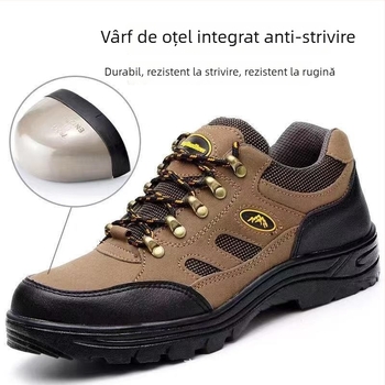 Pantofi de siguranță pentru drumeții, cu vârf din oțel și placă de oțel, talpă din cauciuc antiaderentă, cu suprafață din microfibră, maro, ușori