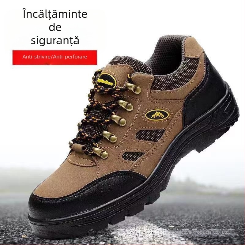 Pantofi de siguranță pentru drumeții, cu vârf din oțel și placă de oțel, talpă din cauciuc antiaderentă, cu suprafață din microfibră, maro, ușori