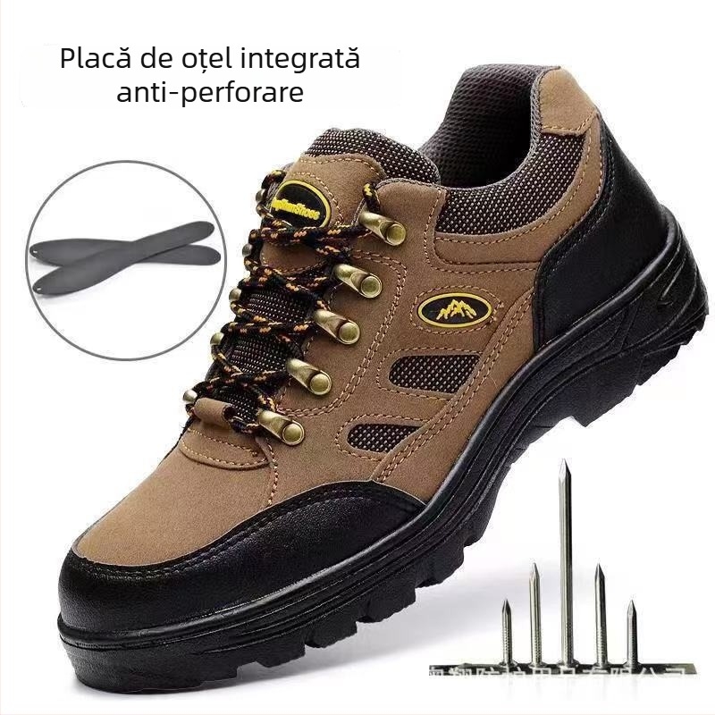 Pantofi de siguranță pentru drumeții, cu vârf din oțel și placă de oțel, talpă din cauciuc antiaderentă, cu suprafață din microfibră, maro, ușori