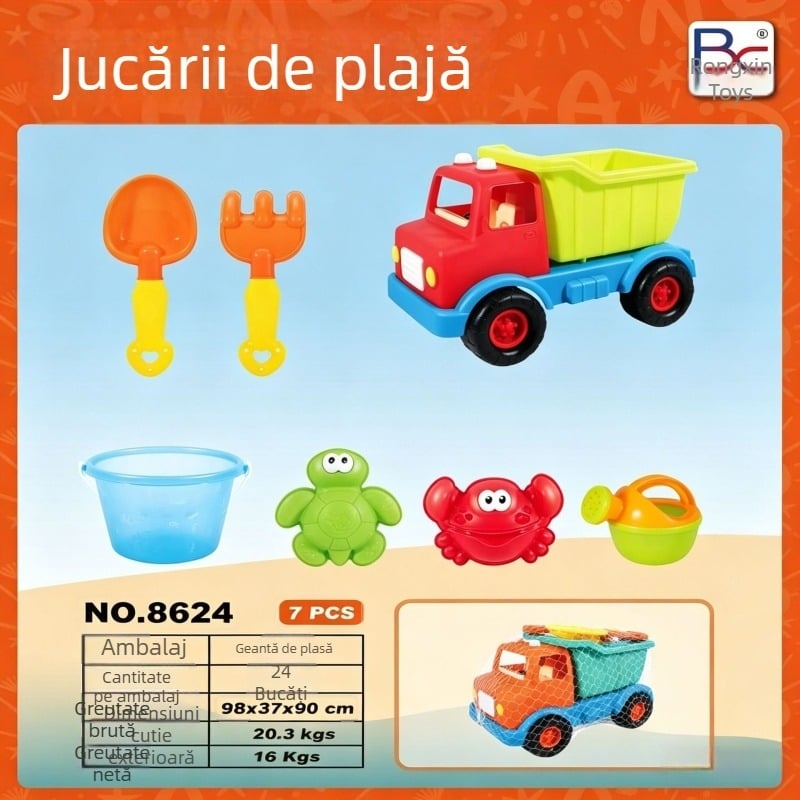 Set de jucării pentru plajă pentru copii: unelte de săpat în nisip, găleți, ceas de nisip și mașinuță