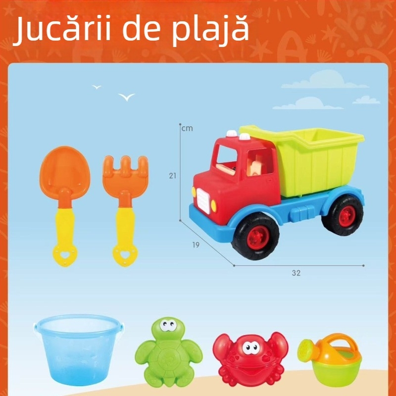 Set de jucării pentru plajă pentru copii: unelte de săpat în nisip, găleți, ceas de nisip și mașinuță