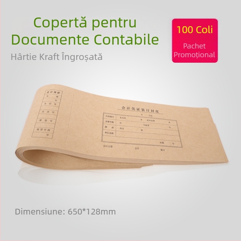 Copertă pentru bonuri contabile, dimensiuni 65 x 12,8 cm, carton Kraft gros, cu protecție la colțuri.