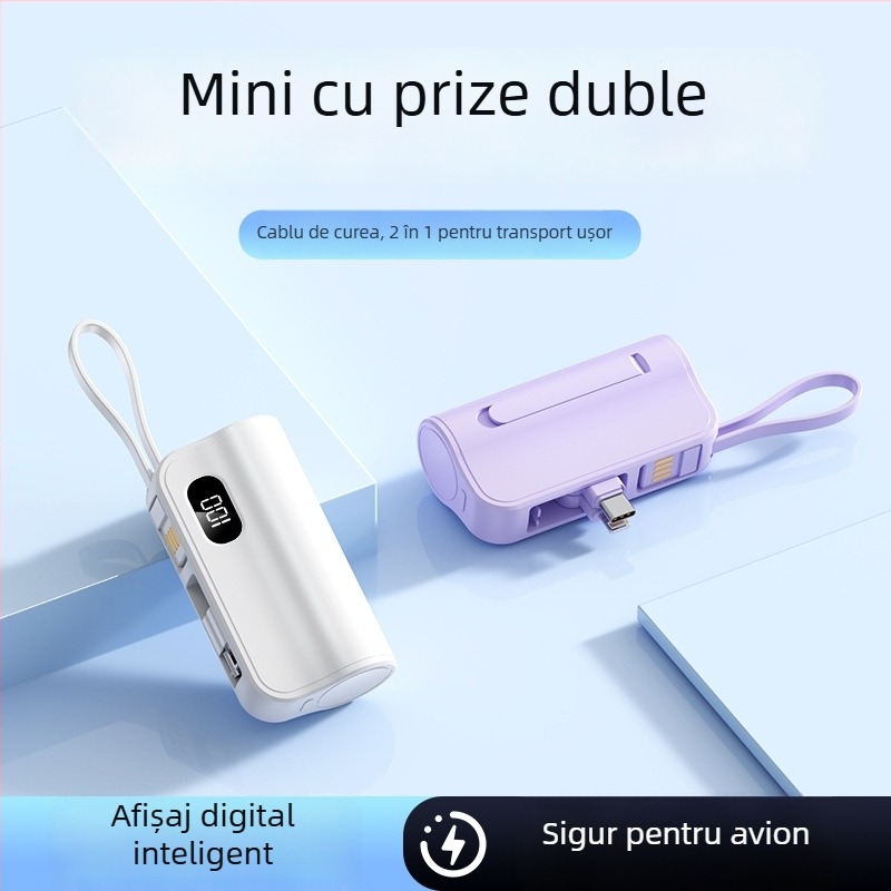 Power bank în formă de capsulă, 5000mAh, cu două porturi, compact și portabil