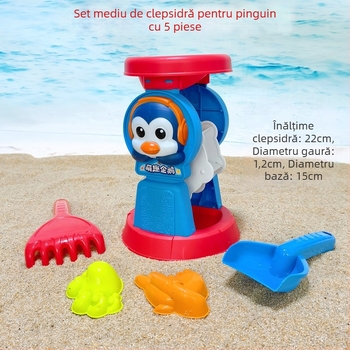 Set nou de jucării pentru plajă, nisip: rață și pinguin — mașinuță de nisip 688-114, jucărie cu clepsidrá