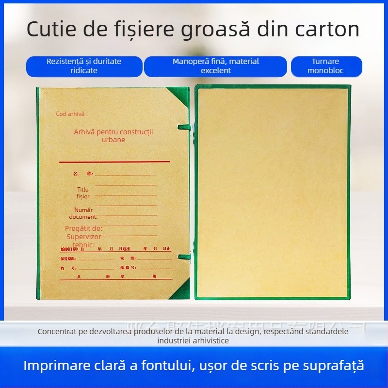 Set de 10 cutii de depozitare din carton pentru fișiere, destinate gestionării documentelor în construcții urbane, cu posibilitatea imprimării logo-ului, model A4-1, dimensiuni 31,5 x 22,5 x 4/5 cm