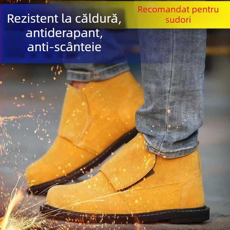 Pantofi de protecție pentru muncă cu talpă nubuk, rezistenți la temperaturi înalte, vârf din oțel, antișoc și anti-perforație, rezistenți la abraziune, antifrânare, pentru sudură