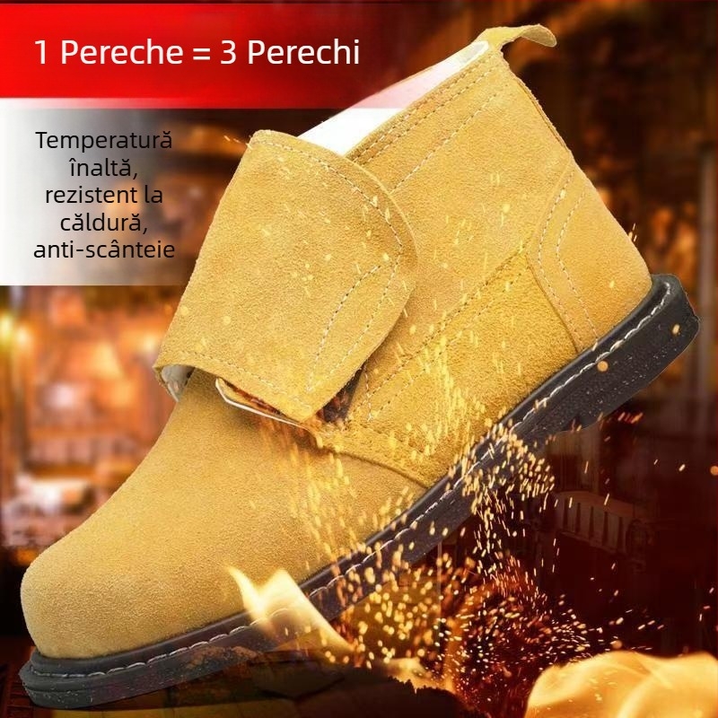 Pantofi de protecție pentru muncă cu talpă nubuk, rezistenți la temperaturi înalte, vârf din oțel, antișoc și anti-perforație, rezistenți la abraziune, antifrânare, pentru sudură