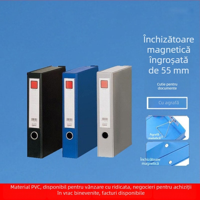 Cutie fișiere PVC A1236 cu închidere magnetică, pentru documente A4, 55 mm, cu clips de hârtie