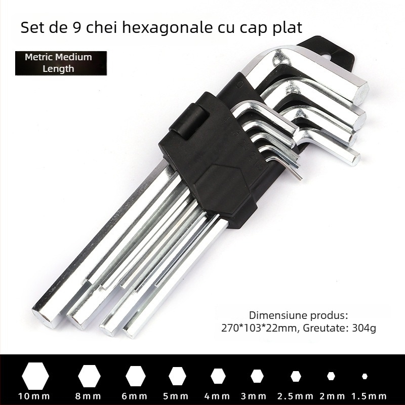 Set de 9 chei Allen cu cap plat și cap rotund, din oțel carbon zincat