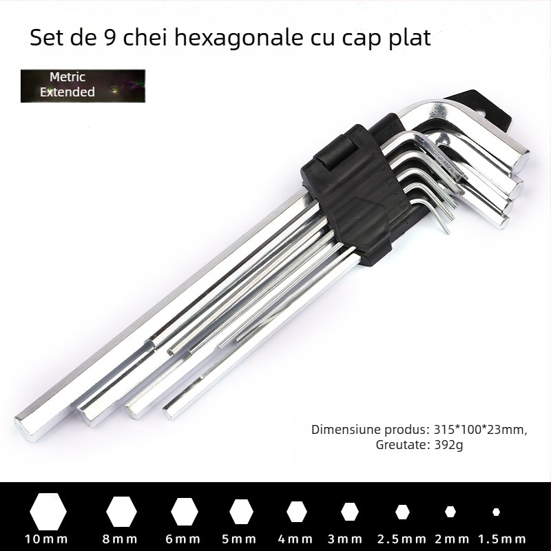 Set de 9 chei Allen cu cap plat și cap rotund, din oțel carbon zincat