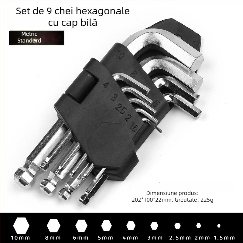 Set de 9 chei Allen cu cap plat și cap rotund, din oțel carbon zincat