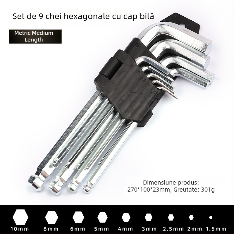 Set de 9 chei Allen cu cap plat și cap rotund, din oțel carbon zincat