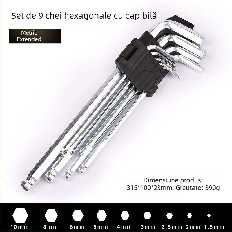Set de 9 chei Allen cu cap plat și cap rotund, din oțel carbon zincat