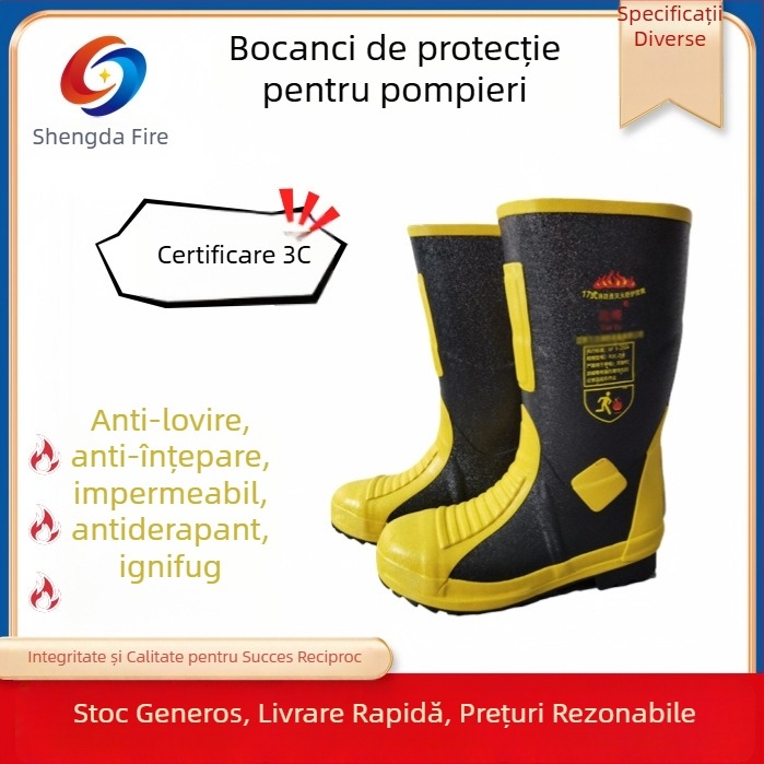 Ghete de protecție pentru pompieri – bocanci de intervenție pentru incendii, rezistenți la temperaturi înalte și coroziune, anti-perforație și antiderapante, din cauciuc