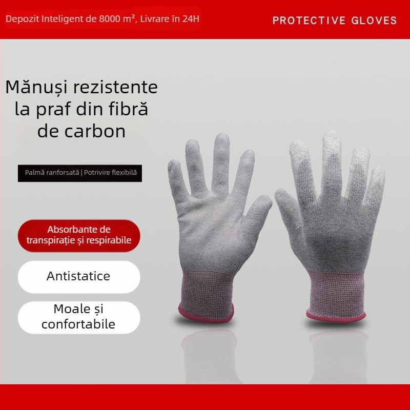 Mănuși PU antistatice cu palme acoperite cu fibră de carbon, pentru asamblare electronică în medii lipsite de praf