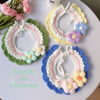 Fular cu model floral pentru animale de companie, guler tricotat manual, accesoriu pentru gât pentru pisici și câini mici