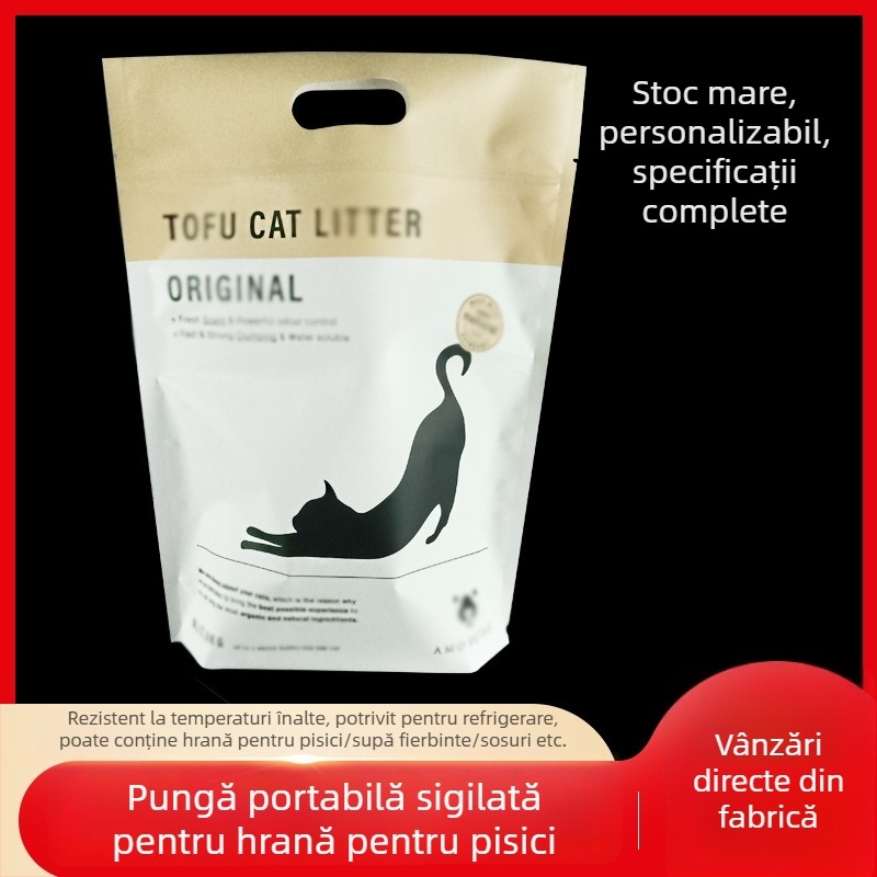 Pungă plastică personalizată pentru hrana pisicilor, cu închidere etanșă, finisaj mat, antiderapant, rezistentă la umezeală și apă, design personalizat